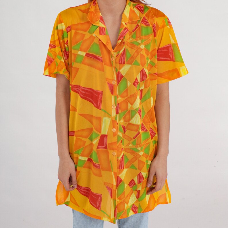 Mosaic Button Up Shirt 90s Yellow Geometric Print Blouse Button Up Shirt Short Sleeve 1990s Tropical Longline Orange Vintage Extra Large xl image 7