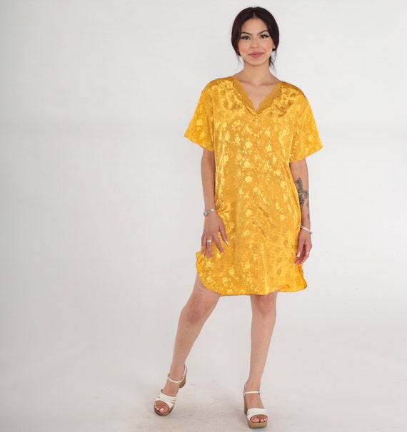 Yellow Satin Nightie 90s Floral Embossed Pajama Dress Shiny Button up Nightgown Mini Lingerie Lounge Short Sleeve Sleep Vintage 1990s Large