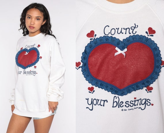 Heart Sweatshirt Count Your Blessings Sweater 80s… - image 1