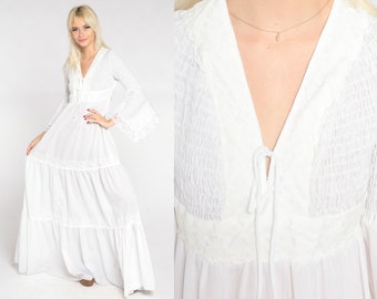 70s White Maxi Dress Angel Bell Sleeve V Neck Empire Waist Smocked Hippie Bohemian Summer Bridal Elopement Vintage 1970s Candi Jones Small S