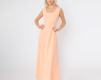 Vintage Peach Maxikleid 70er Jahre Discokleid Retro Partykleid Lange Ärmellos Prinzessinnen Naht A-Linie Boho Hippie Seventies Cocktail 1970s