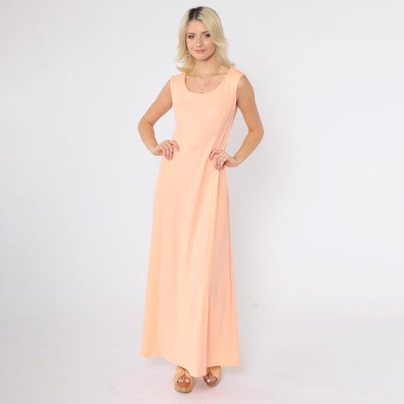 Vintage Peach Maxi Dress 70s Disco Gown Retro Party Dress Long Sleeveless Princess Seam A-Line Boho Hippie Seventies Cocktail 1970s Small S