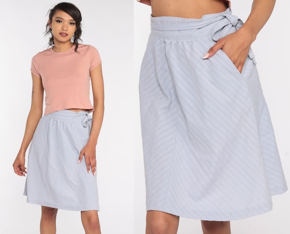 70s Boho Skirt Light Blue High Waisted Chevron Striped Midi Cotton Skirt Pocket Hippie Retro Vintage Bohemian Eco Simple Small xs s