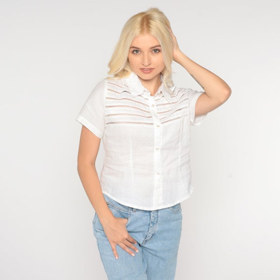 White Cutout Blouse 90s Button up Shirt Boho Top Short Sleeve Blouse 90s Cut Out Button Up Vintage Bohemian 1990s Small S