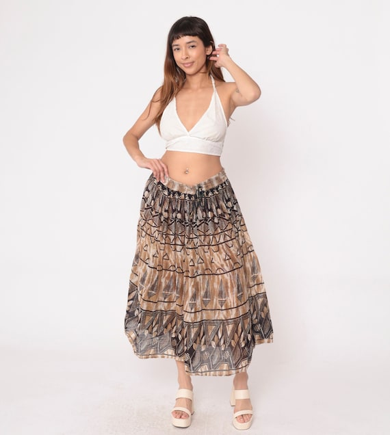Geometric Broomstick Skirt 90s Brown Leaf Print Hippie Boho Skirt Midi Bohemian Vintage Festival Hippy Skirt 1990s Medium Large xl 2xl