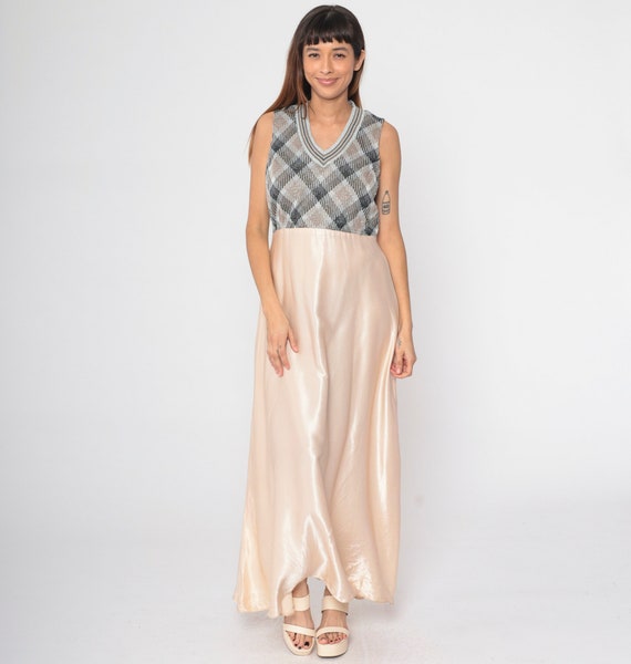 Metallic Party Dress 70s Checkered Maxi Dress Sil… - image 2