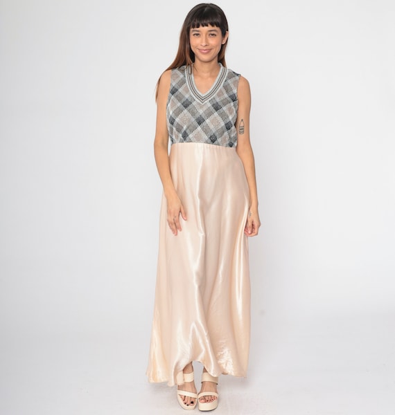 Metallic Party Dress 70s Checkered Maxi Dress Silver Sparkly High Waist Sleeveless Bohemian Cocktail V Neck Champagne Vintage Medium 8