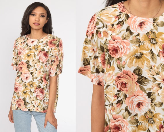 90s Floral Shirt Floral Blouse Rayon Short Sleeve Top Grunge Boho 1990s Vintage Bohemian Medium