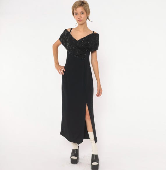 90s Black Sequin Dress Off Shoulder Maxi Column Evening Gown Beaded Floral Embroidered Collar Cold Shoulder  Cocktail Party Vintage Large L