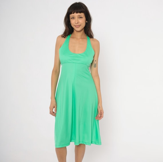 Mint Green Halter Dress 70s Open Back Tie Neck Fit Flare Sundress Seafoam Summer Spring Beach Vacation Babydoll Vintage Emerald Medium M