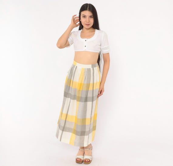 80s Plaid Midi Skirt Yellow Grey Pleated High Waist Button Checkered Gingham Ivory Cream Buffalo Check Collegiate Preppy Vintage Medium M