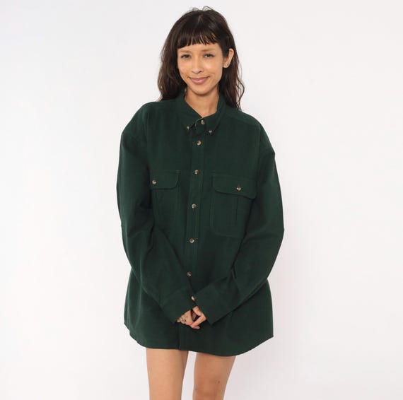 Y2K Forest Green Flannel Button Down Shirt Cabelas Cotton Hunter Work Wear Utility Pocket Camp Outdoor Hunting Unisex Vintage Extra Large XL