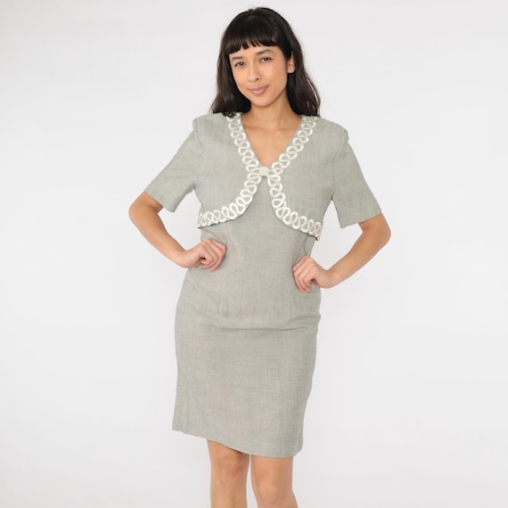 Vintage 80s Wiggle Dress Gray Short Sleeve Pencil Skirt Sheath Illusion Bolero Button Trim 1980s Retro Office Petite Small 6
