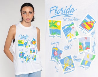 Florida Muscle Tee 90s Vacation Tank Top Tropical Tourist TShirt Beach Sailboat Fish Palm Tree Shirt Graphic Tee White Vintage 1990s Small S