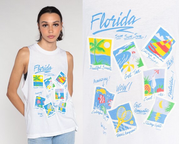 Florida Muscle Tee 90s Vacation Tank Top Tropical Tourist TShirt Beach Sailboat Fish Palm Tree Shirt Graphic Tee White Vintage 1990s Small S
