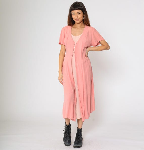 Pink Button Up Dress Vintage 90s Crinkled Rayon Midi Short Sleeve Pinstriped Retro Plain Chic Simple Casual Layered 1990s Large 12