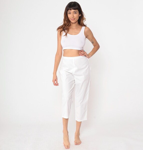 White Cropped Pants 60s High Waisted Side Zip Cotton Ankle Length Straight Leg Minimalist Vintage Summer Trousers Small 27