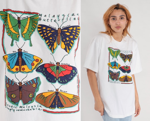 Malaysian Butterfly T Shirt 00s Banded Peacock Blue Pansy Tee Short Sleeve TShirt Vintage White Tshirt Nature Medium Large