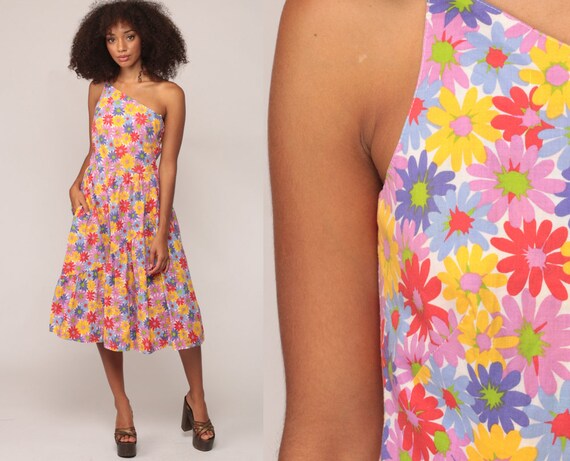 70s Floral Dress LANZ SunDress 1970s ONE SHOULDER Asymmetrical Cotton Sun Hippie Boho Pocket Summer Vintage High Waist Extra Small xs