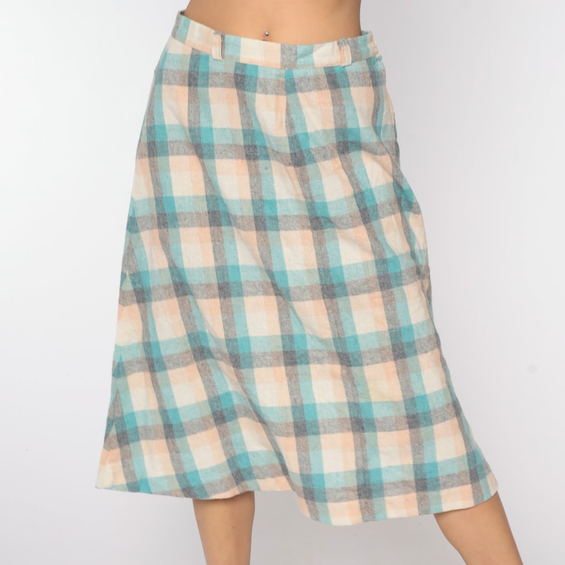 Wool Plaid Skirt Tartan Skirt Midi Kilt School Girl High Waist 70s Checkered Retro Vintage Turquoise White Peach Medium image 3