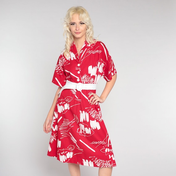 Brushstroke Shirt Dress 80s Red Button Up Dress Midi Secretary Shirtdress Squiggle High Waist Vintage Short Sleeve Dress White Belted Medium