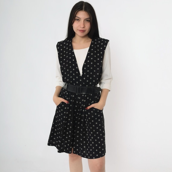 Vintage 80s Black White Romper Polka Dot Print One Piece 1/2 Sleeve Belted Jumpsuit Button Back 1980s Retro Playsuit Small Petite 4