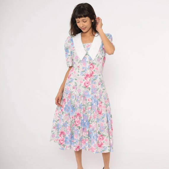 80s Floral Drop Waist Dress Pink Blue Rose White Lace Collar Puff Sleeve Cotton Midi Prairie Cottagecore Pastel Garden Party Vintage Large L
