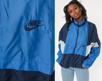 Nike Windbreaker Jacket 90s Blue Color Block Nylon Shell Zip Up Jacket Streetwear Vintage 1990s Sportswear Warmup Extra Large XL L