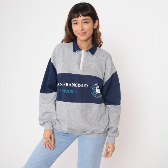 90s San Francisco Sweatshirt Quarter Zip Sweatshirt Golden Gate Bridge California Sweater Navy Blue Heather Grey Vintage Extra Large xl