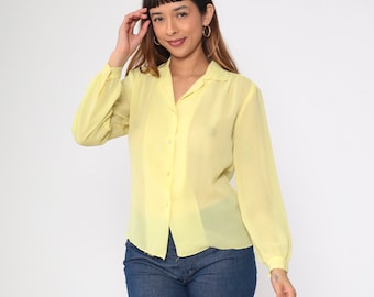 Sheer Yellow Blouse 70s Button up Shirt Floral Embroidered Collar Pleated Top Bohemian Hippie Romantic Long Sleeve Boho Vintage 1970s Medium