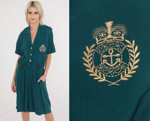 Nautical Romper 90s Wide Leg Playsuit Teal Green Crest Romper Outfit One Piece Woman Sailor Epaulette 1990s Button Up Short Sleeve Large L