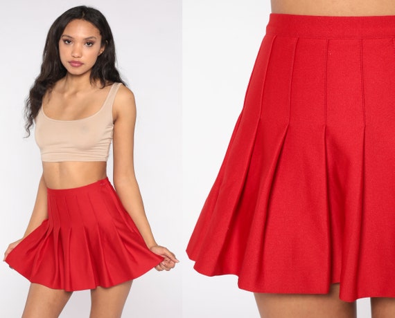 80s Tennis Skirt Red Pleated Mini Skirt High Waisted Mini School Girl Skirt Preppy Plain Retro Vintage 1980s High Waist Nerd Extra Small XS