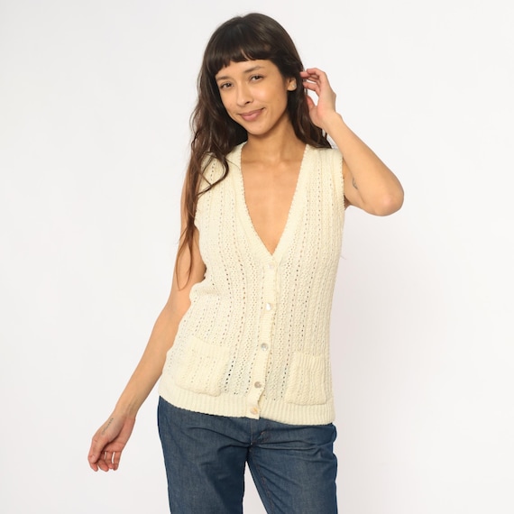 70s Crochet Vest Pointelle Cream Sleeveless Cardigan Open Knit Sweater Ivory Off White Vintage Layering Nerdcore Light Academia Small S