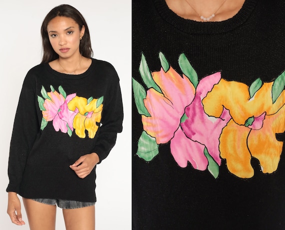 Black Floral Sweater 80s Tropical Graphic Sweater Knit Slouchy 1980s Pullover Kawaii Flower Vintage Jumper Acrylic Medium