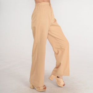 Tan Trousers 70s Pants Khaki High Waisted Rise Creased Straight Leg Pleated Retro Preppy Seventies Neutral Vintage 1970s Extra Small xs