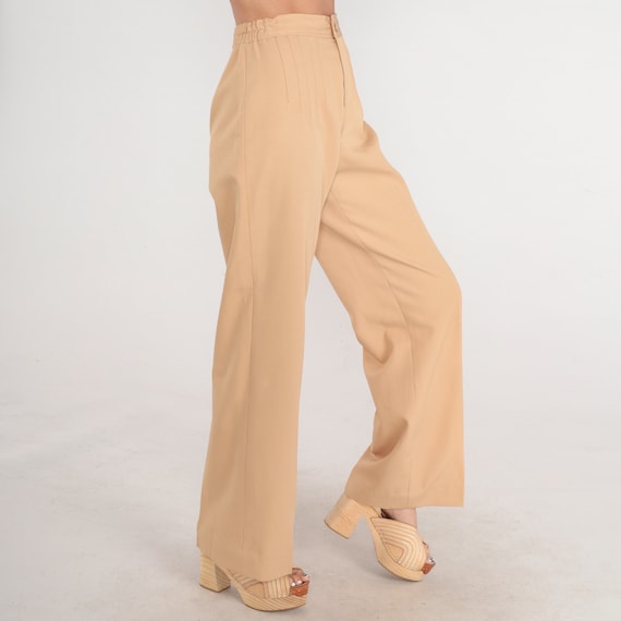 Tan Trousers 70s Pants Khaki High Waisted Rise Creased Straight Leg Pleated Retro Preppy Seventies Neutral Vintage 1970s Extra Small xs