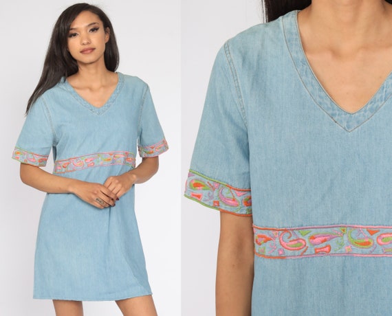 Embroidered Denim Dress 90s Paisley Embroidered D… - image 1