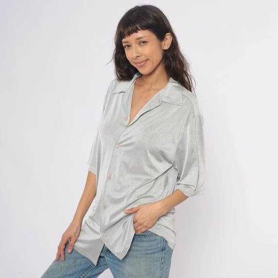 90s Silver Shirt Button Front Collared Tunic Slee… - image 5