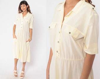 Pale Yellow Shirt Dress 80s 90s Military Inspired Shoulder Epaulette Button Up Dress Midi Shirtdress High Waist Vintage Short Sleeve Large