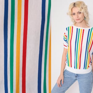 Striped Rainbow Top 80s Shirt Striped Blouse Slouch Short Sleeve Shirt Slouchy 1980s Vintage Retro Banded Hem Tee Oversized Small Medium