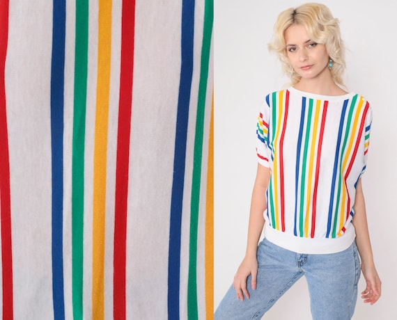 Striped Rainbow Top 80s Shirt Striped Blouse Slouch Short Sleeve Shirt Slouchy 1980s Vintage Retro Banded Hem Tee Oversized Small Medium