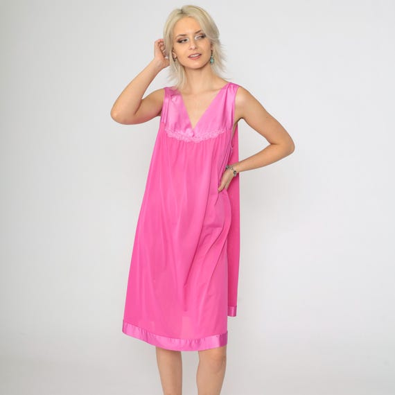 Vintage Hot Pink Nightgown 80s Floral Embroidered Midi Slip Lounge Dress Sleeveless Knee Length Babydoll Nightie Tent Lingerie 1980s Large L