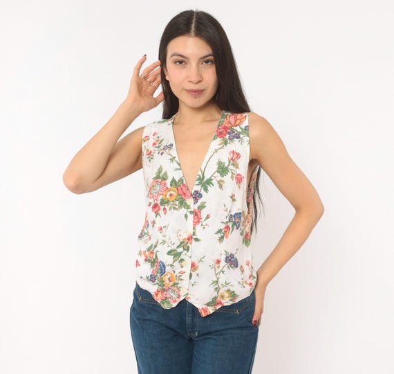 90s Floral Vest Button Front Sleeveless Blouse White Pink Rose Cottagecore Prairie Garden Top Botanical Waistcoat Vintage Summer Medium M