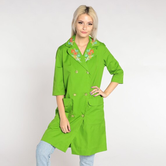 Lime Green Trench Coat 60s 70s Floral Embroidered… - image 5