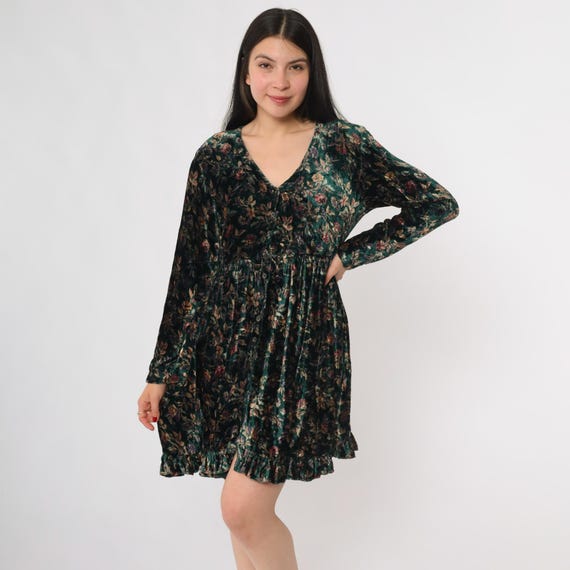 Grunge Velvet Mini Dress Dark Floral 90s Long Sleeve Ruffle Hem Vintage 90s Grunge Whimsigoth Alternative Gothic Romance Witchy Medium M