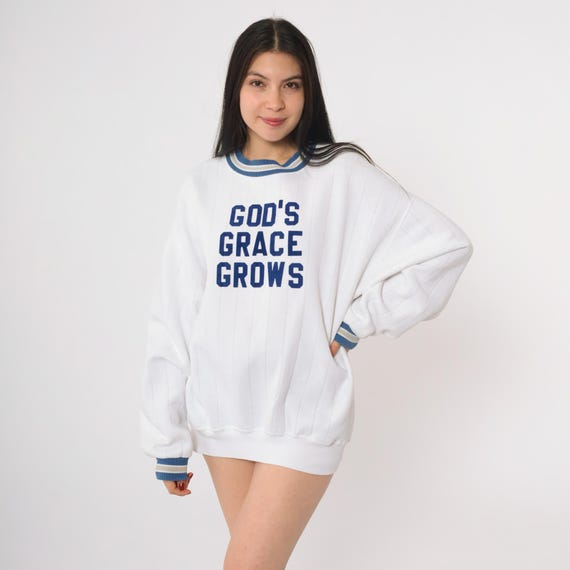 Religious Sweatshirt 90s Graphic White Navy Blue Gods Grace Grows Text Vintage Christian Faith College Pullover Crewneck Extra Large XL