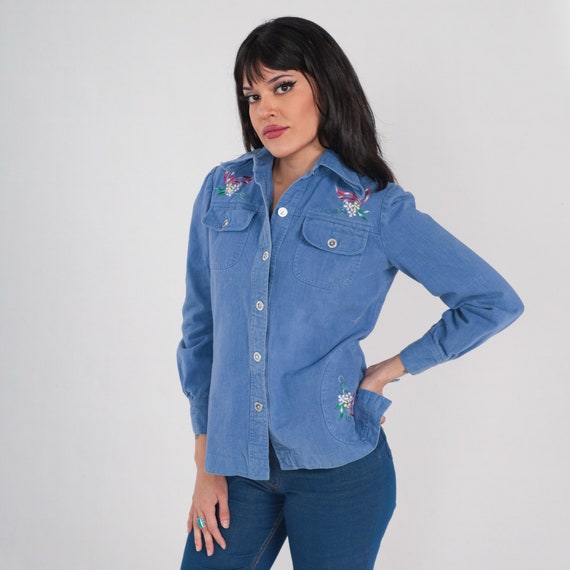 Floral Denim Shirt 70s Embroidered Blue Jean Button Up Top Long Sleeve Collared Flower Blouse Bohemian Retro Cotton Vintage 1970s Small S