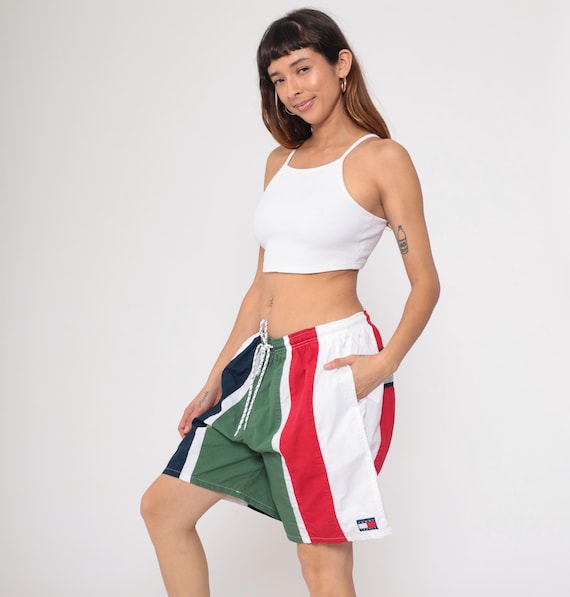 Tommy Hilfiger Swim Shorts Y2K Colorblock Red White Green Navy Blue Drawstring Cotton Vintage Streetwear Athletic Pool Beach Extra Large XL