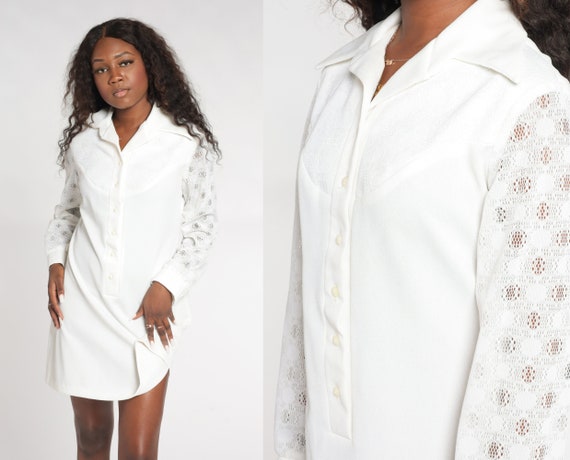 White Mini Dress 60s 70s Mod Long Semi Sheer Lace Sleeve Button Up Shift Dress Collared Dagger Collar Retro Minidress Vintage 1970s Medium M