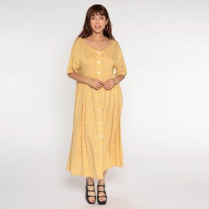 Vintage 90s Floral Dress Yellow Button Up Shirtdress 1990s Summer High Waist Maxi Ankle Length Grunge Short Sleeve Medium Large 10/12